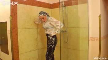 Clothed Beauty Showering In Satin Blouse Screencap 21 on www.sinx.com