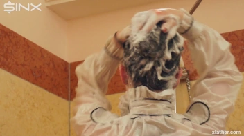 Clothed Beauty Showering In Satin Blouse Screencap 27 on www.sinx.com